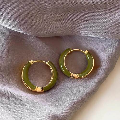 致合金耳耳饰 OYT绿色滴釉耳圈耳环女高级感精钉轻奢素饰圈耳扣耳
