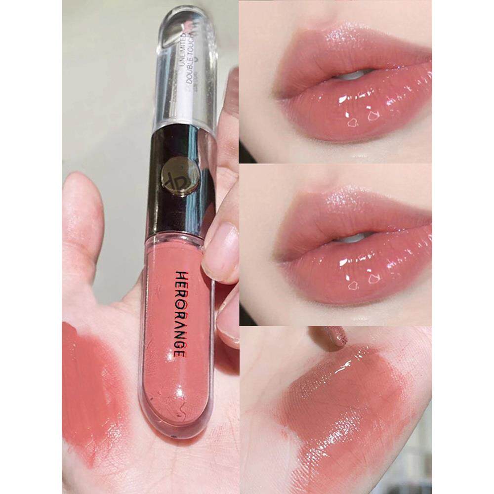 双头唇釉女口红雨衣不易沾杯肉桂奶茶透明镜面水光嘟嘟唇防水唇蜜