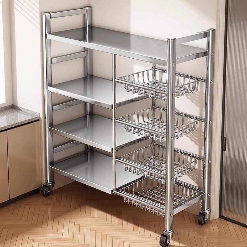 不锈钢厨房置物架菜篮子落地多层多功能微波炉锅具收纳层架零食架