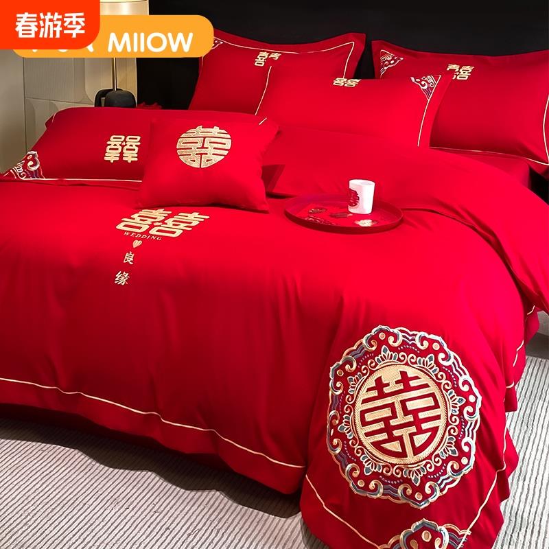 猫人中式结婚四件套婚房喜被大红色婚庆床单被套罩高级感新婚床品