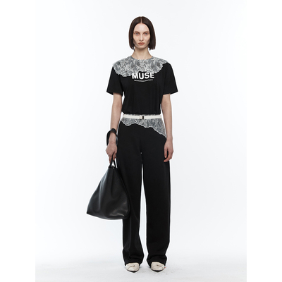 YCH秋冬女士纯棉蕾丝拼接直筒裤