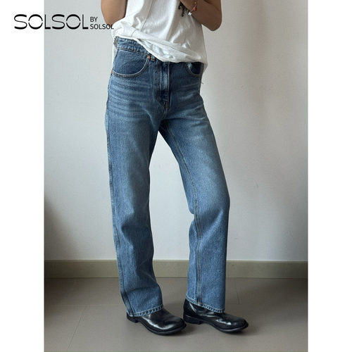 RECTO纯棉修身高腰直筒牛仔裤女