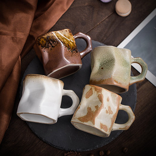 简约粗陶咖啡杯创意窑变马克杯复古陶瓷杯家用杯办公杯早餐杯 日式