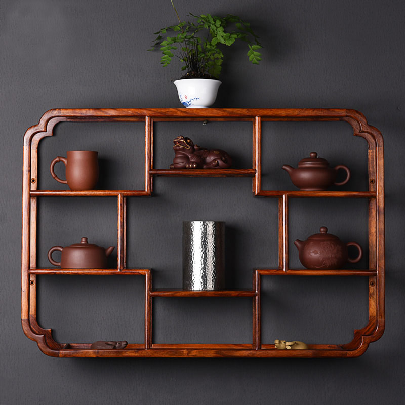从简花梨实木挂墙博古架紫砂茶壶工艺品展示茶杯架现代仿古多宝阁