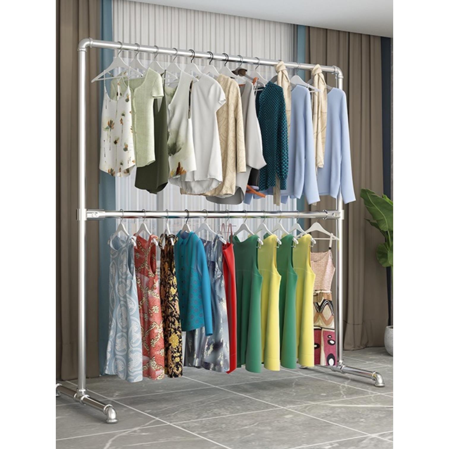 特厚水管晾衣架，双层不锈钢管可折叠可拆卸晾衣架，横条加厚水管