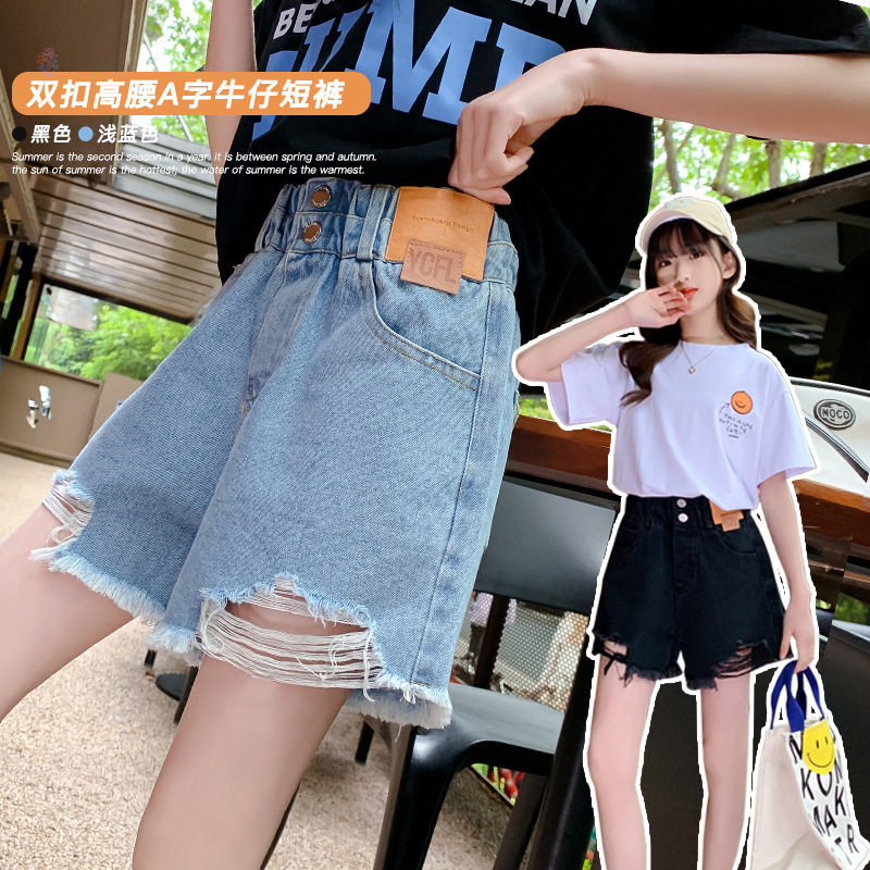 女童牛仔短裤夏季新款韩版儿童洋气破洞贴标牛仔热裤中大童短裤