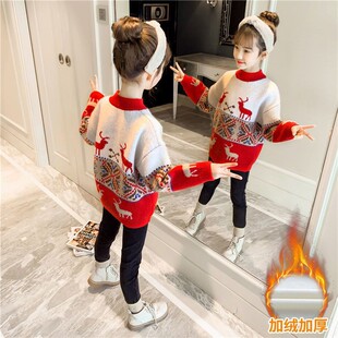 女童毛衣春秋冬款水貂绒儿童洋气圣诞鹿喜庆红色加绒加厚打底衫