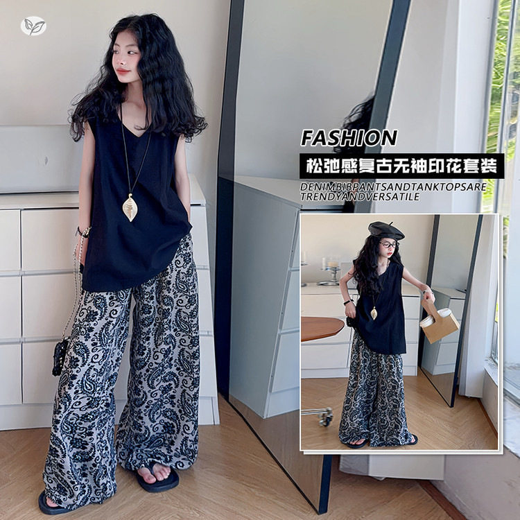 女童夏裤子套装休闲无袖背心碎花阔腿裤两件套中大童2025新款 - 实物图