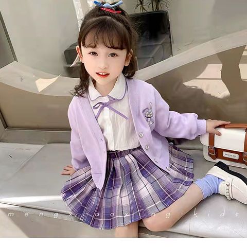 女童套装2022春款洋气三件套学院风针织开衫外套衬衫百褶裙两件套图片