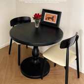 法式 小圆桌茶几沙发边几 餐桌黑色实木中古圆形咖啡桌洽谈木质美式