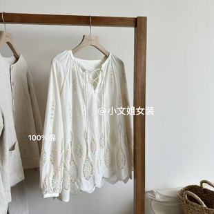 小文姐 W1983-超重工剪洞刺绣复古长袖百搭气质宽松文艺衬衫上衣
