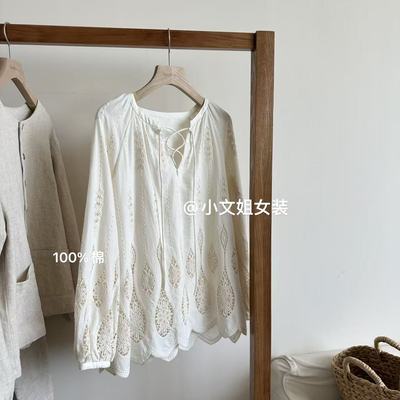 小文姐 W1983-超重工剪洞刺绣复古长袖百搭气质宽松文艺衬衫上衣