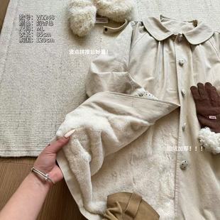 小文姐 W2248-波点拼接加绒加厚风衣韩系宽松保暖上衣女款长外套