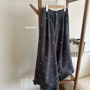 小文姐 W2451-毛呢定制刺绣加厚显瘦休闲慵懒松紧通勤百搭直筒裤