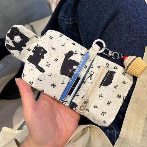新款可爱帆布猫咪收纳卡包高颜值便携多层零钱包耳机包随身证件包