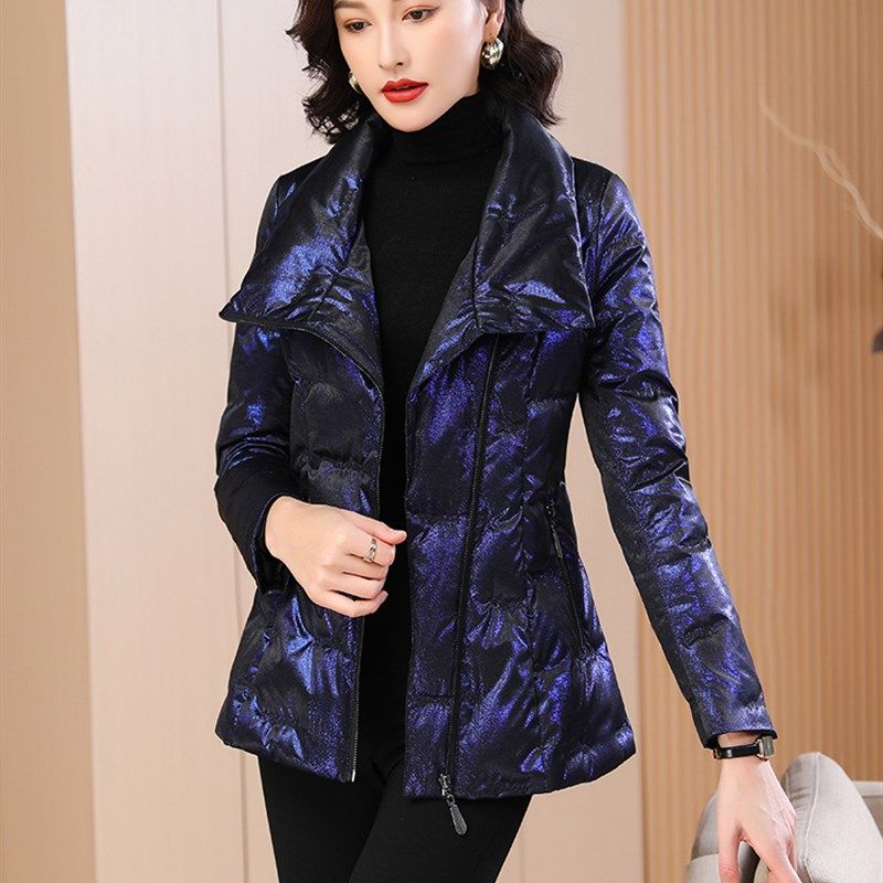 蓝色短款羽绒服女小众修身气质显瘦立领外套冬新品洋气妈妈装6205