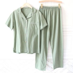 薄 简约日系格子布短袖 长裤 睡衣女春秋款 夏翻领全棉家居服套装