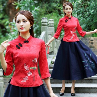 春秋季新款唐装复古改良小个子旗袍套装中式汉服民族中国风上衣女