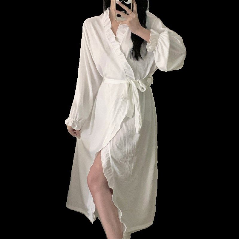 春秋新款睡裙女长袖荷叶边和服睡袍白色系带浴袍中长款性感家居服,女士内衣/男士内衣/家居服,睡袍/浴袍,淘宝优惠券,粉丝福利购,淘宝优惠卷