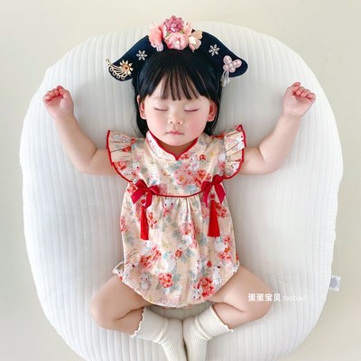 中式婴儿衣服女宝宝夏装公主连体旗袍包屁满月百天一周岁礼服夏季