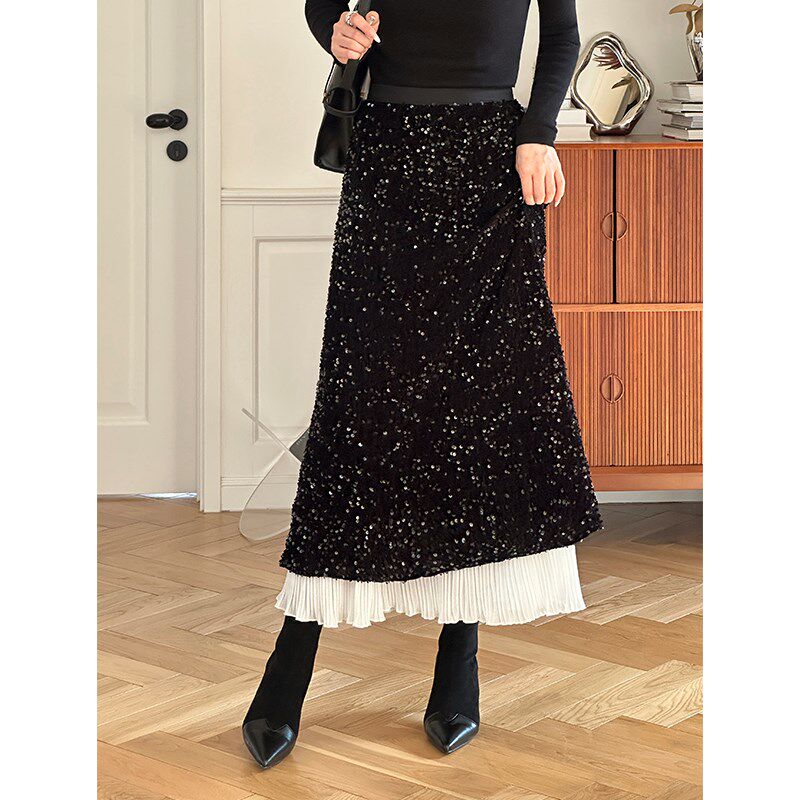 2024秋冬亮片撞色鱼尾裙 中长款半裙高腰一步裙包臀a字裙拼接长裙