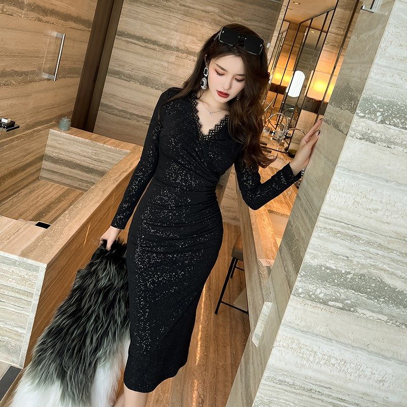 聚会晚礼服平时可穿轻奢高级感礼服小黑裙女长袖年会蕾丝连衣裙秋