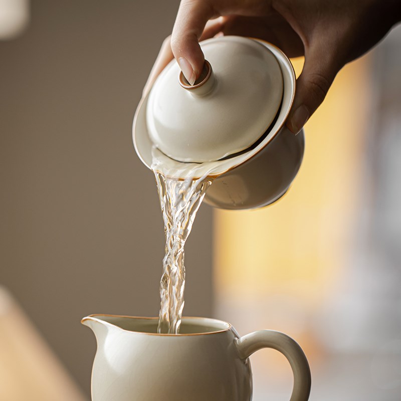 尚言坊 三才盖碗米黄汝窑泡茶杯防烫单个不烫手复古开片高档大号