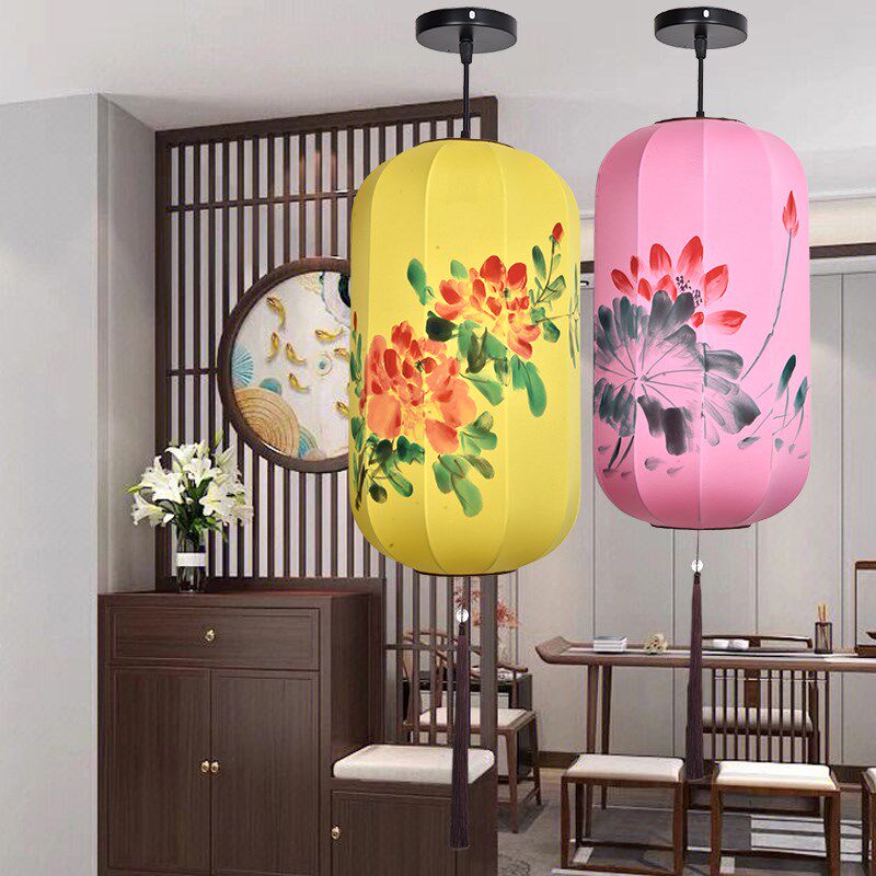 中式布艺灯笼定制彩色手绘中国风长冬瓜餐厅饭店商场婚庆装饰吊灯