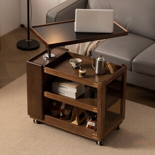黑胡桃木实木可移动边几升降 旋转角几 带轮小茶几沙发边柜侧边柜