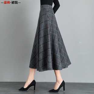 女裙 毛呢复古格子半身裙高腰A字大摆裙显瘦大码 2022秋冬季 中长款