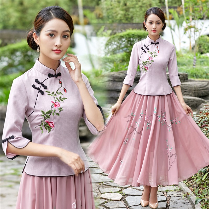 夏季新款清新古韵唐装中式绣花七分袖中国风改良版旗袍上衣