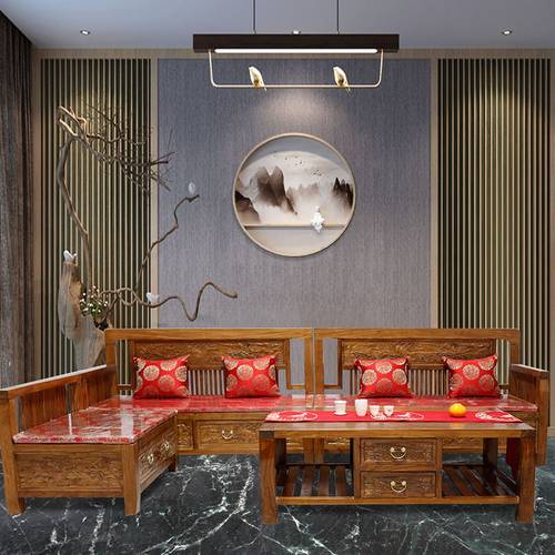 老榆木家俱沙发转角雕花全实木新中式整套客厅组合