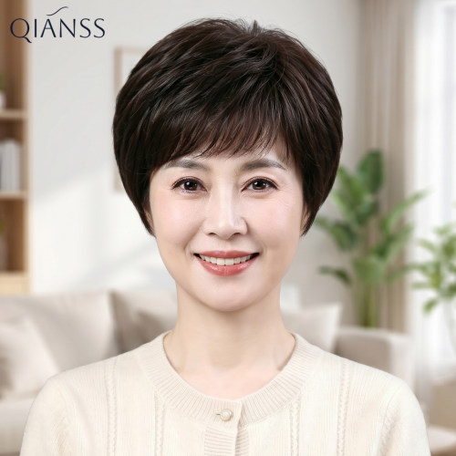 中老年真人发丝短发整顶假发