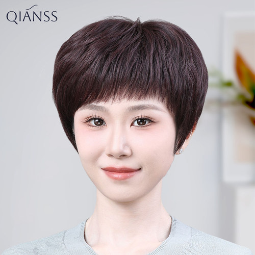 假发女全头套短直发全真人发丝中老年妈妈款真实自然透气无闷感
