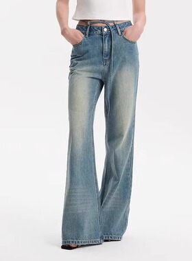 Three Quarters 蓝色腰部绑带 做旧水洗 直筒微喇牛仔裤