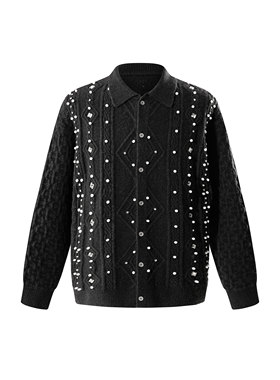 【官方正品】 theboyhasnopatience TBHNP 珍珠宝石翻领开衫毛衣