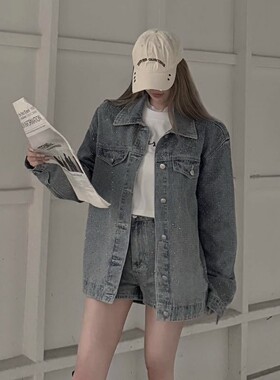 Three Quarters 蓝色满钻宽松牛仔外套女春季2025年新款翻领夹克