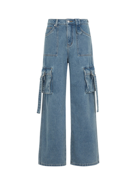 【官方正品】Three Quarters 蓝色立体宽松口袋工装直筒牛仔裤女