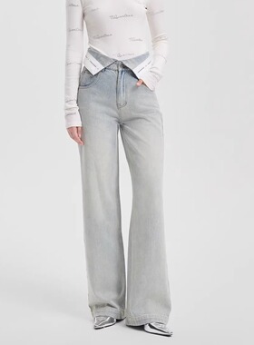 【李兰迪同款】Three Quarters 浅蓝色翻腰头长裤直筒牛仔裤女