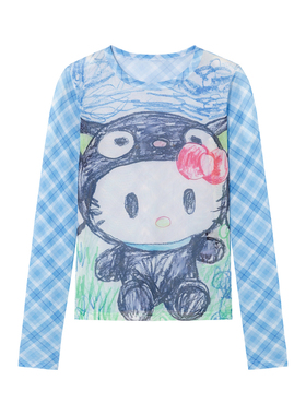 【官方正品】SOFITTE 蓝色格纹打底衫趣味印花长袖t恤上衣女