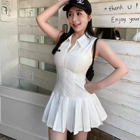 SAMEASME美式老钱风运动衬衫V领拉链衬衫连衣百褶裙