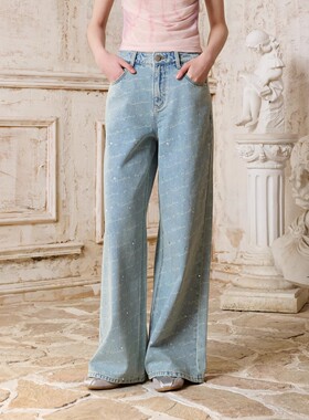Three Quarters 蓝色logo时尚烫钻宽松直筒裤显瘦通勤牛仔裤