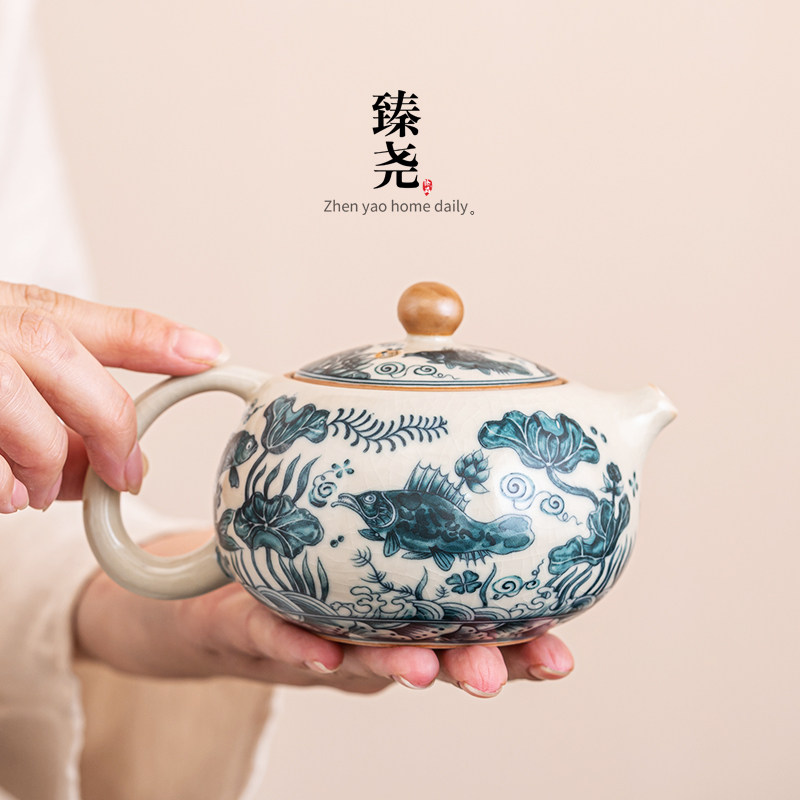 汝窑西施壶陶瓷鱼戏莲花茶壶复古功夫茶具家用高档开片单壶泡茶壶,餐饮具,茶壶,淘宝优惠券,粉丝福利购,淘宝优惠卷