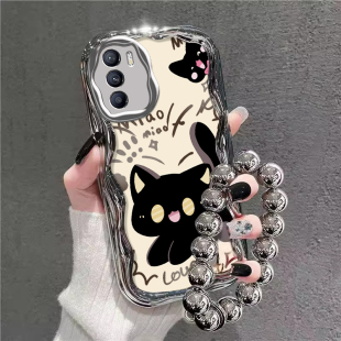 可爱黑猫适用OPPOReno12手机壳Reno14Pro新款13por高级感12/11带挂绳10Pro+电镀银reno9全包防摔8/7网红爆款6