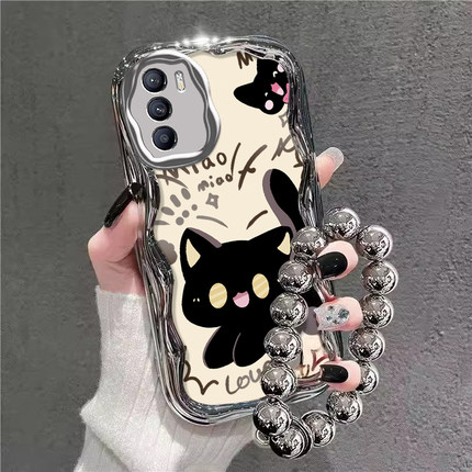 可爱黑猫适用OPPOReno12手机壳Reno14Pro新款13por高级感12/11带挂绳10Pro+电镀银reno9全包防摔8/7网红爆款6