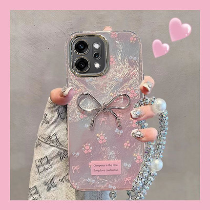 适用OPPOReno14手机壳Reno14Pro蝴蝶结碎花13女新款12轻奢高级11全包防摔10Pro+自带镜头膜Reno9挂绳8手链7se