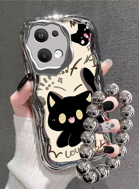 可爱黑猫适用红米note13手机壳14ProPlus少女心新款13Pro+高级感小众12turbo创意带挂绳11全包防摔10电镀软壳