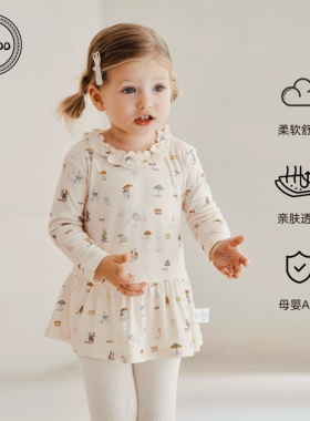 Elk Zoo儿童T恤春季新款纯棉长袖上衣女宝宝荷叶领柔软长款上衣