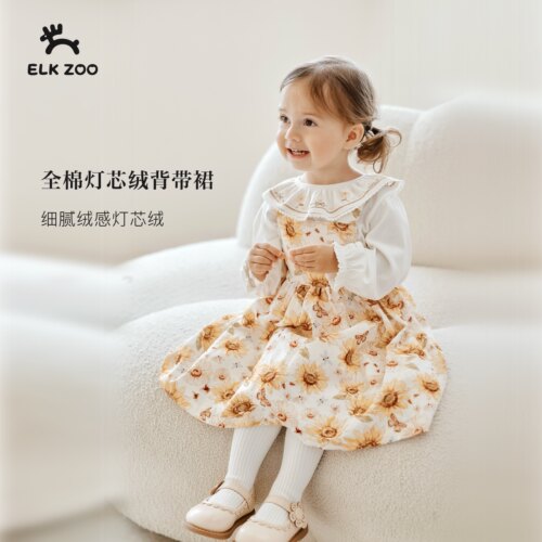 【新品】Elk Zoo女童连衣裙秋季全棉无袖女宝宝外搭灯芯绒背带裙