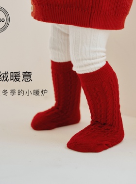 Elk Zoo婴儿红色袜子冬季保暖加绒宝宝中筒袜男女童加厚圣诞袜